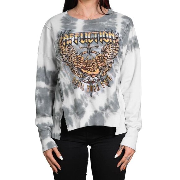 Affliction Rebel Rose Tour LS Crewneck Small Tie Dye Sweatshirt Comfort - Picture 1 of 9